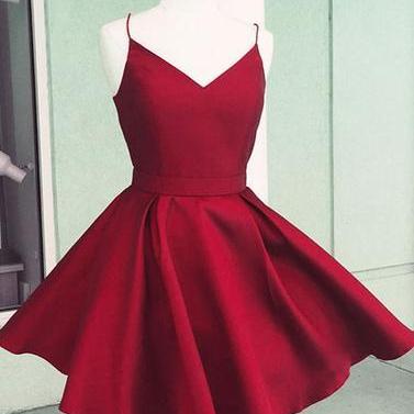 Simple V Neck Red Satin Short Prom Dress, Red..
