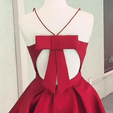 Simple V Neck Red Satin Short Prom Dress, Red..