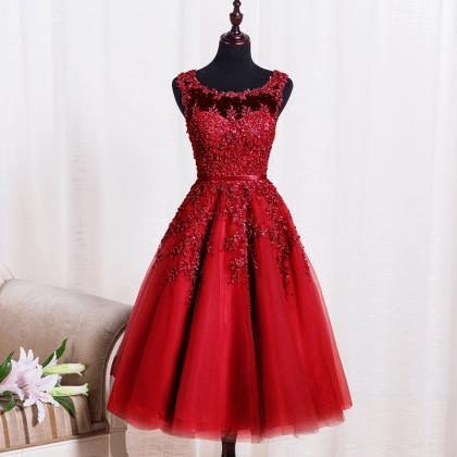 Cute Burgundy Lace Short Prom Dress, Lace..