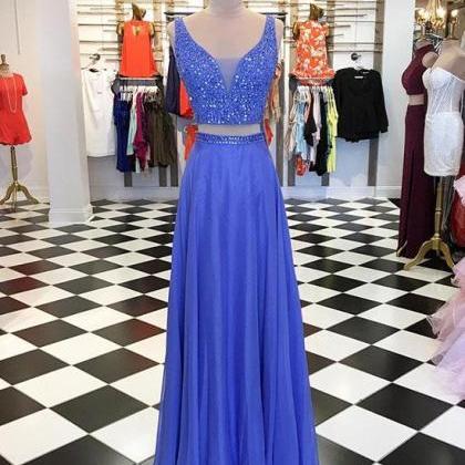 Blue Two Pieces Beads Long Prom Dress, Blue..