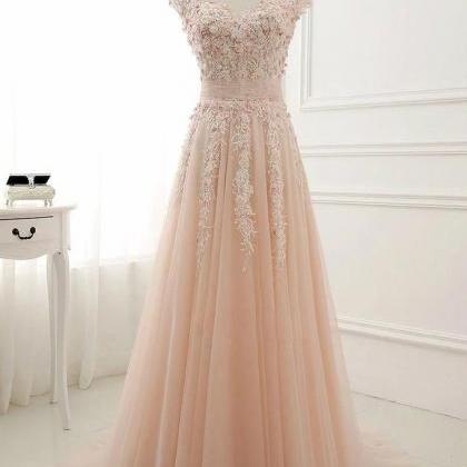 Light Pink Tulle Lace Long Prom Dress, Lace..