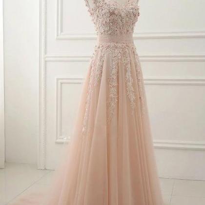 Light Pink Tulle Lace Long Prom Dress, Lace..