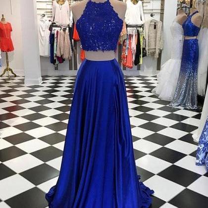 Blue Two Pieces Long Prom Dress, Blue Evening..