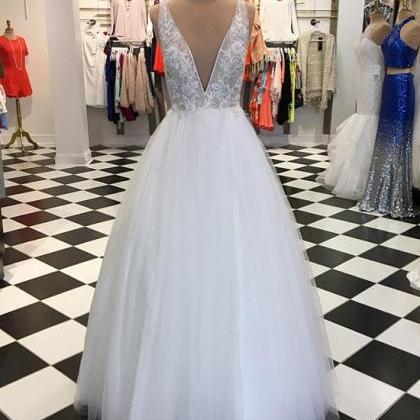 White V Neck Tulle Lace Applique Long Prom Dress,..