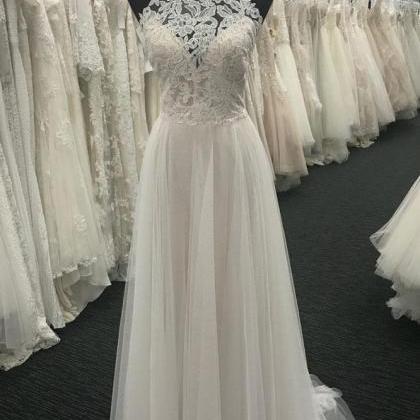 Simple White A-line Lace Chiffon Long Prom Dress,..