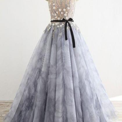 Gray Round Neck Tulle Long Prom Dress, Gray..