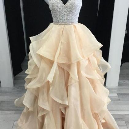 Champagne Sweetheart Beads Tulle Long Prom Dress,..
