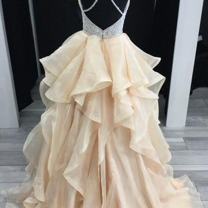 Champagne Sweetheart Beads Tulle Long Prom Dress,..