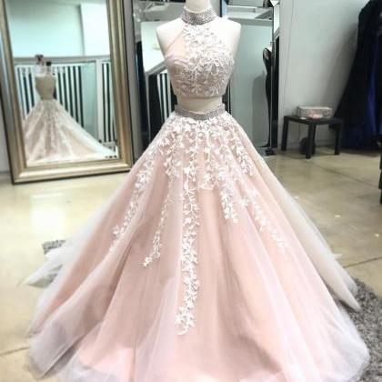 Champagne Two Pieces Lace Long Prom Dress,..