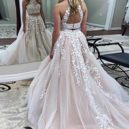 Champagne Two Pieces Lace Long Prom Dress,..