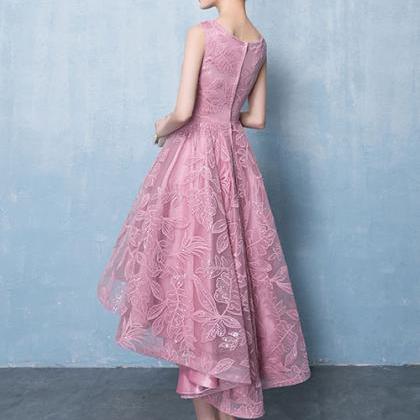 Pink Round Neck Tulle Lace Short Prom Dress,..