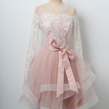 Cute Pink Lace Tulle Short Prom Dress, Long Sleeve..