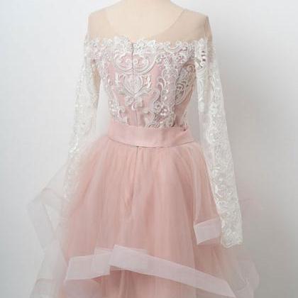 Cute Pink Lace Tulle Short Prom Dress, Long Sleeve..