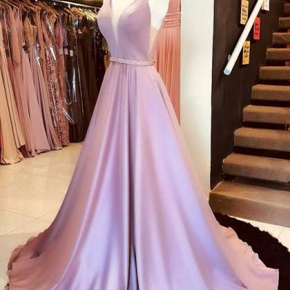 Simple Pink V Neck Long Prom Dress, Pink Evening..