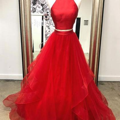 Red Two Pieces Long Prom Dress, Red Evening Dress
