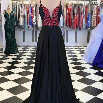 Black V Neck Chiffon Lace Long Prom Dress, Black..