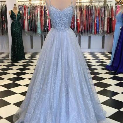 Grey Long V Neck Tulle Lace Long Prom Dress,..