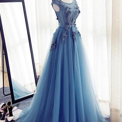 Blue V Neck Tulle Beads Long Prom Dress, Blue..