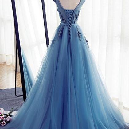 Blue V Neck Tulle Beads Long Prom Dress, Blue..