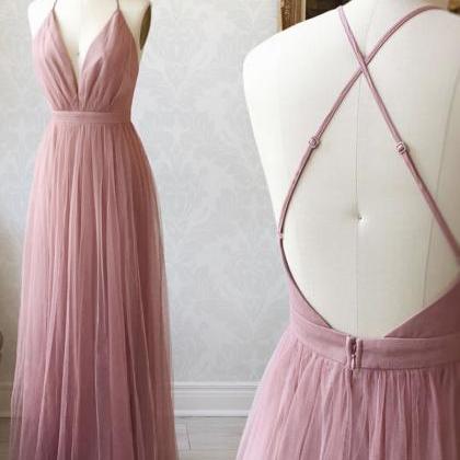 Pink V Neck Tulle Prom Dress Pink Evening Dress