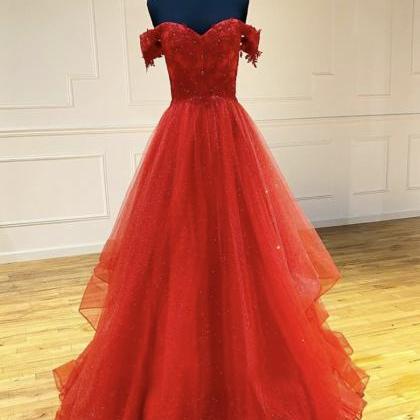 Red Tulle Lace Long Prom Dress Evening Dress