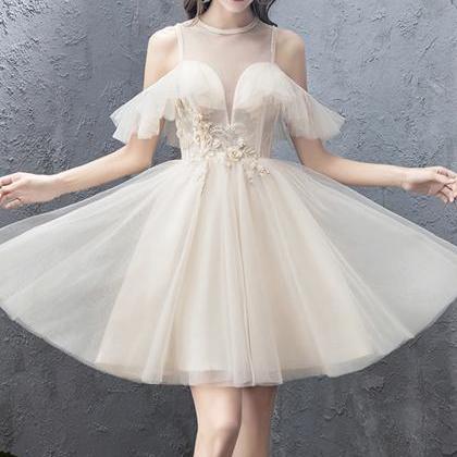 Champagne Tulle Lace Short Prom Dress