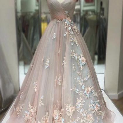 Elegant Tulle Applique Long Prom Dress Formal..
