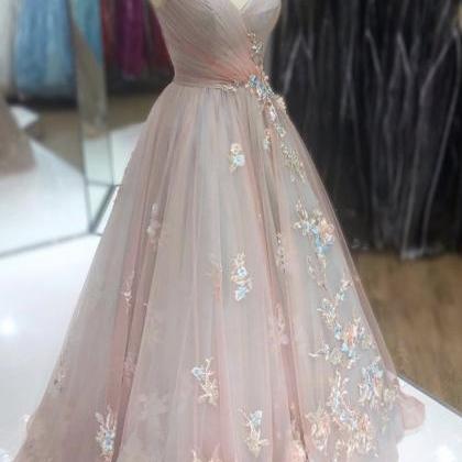Elegant Tulle Applique Long Prom Dress Formal..