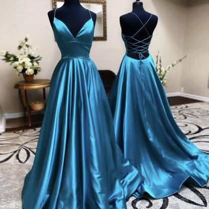 Blue Satin Long Prom Dress Simple Evening Dress