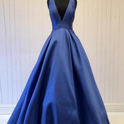 Blue V Neck Satin Long Prom Dress Evening Dress