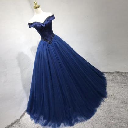 Blue Tulle Beads Long Prom Gown Formal Dress