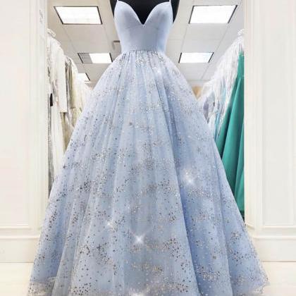 Blue Tulle Sequins Long Prom Dress Formal Dress