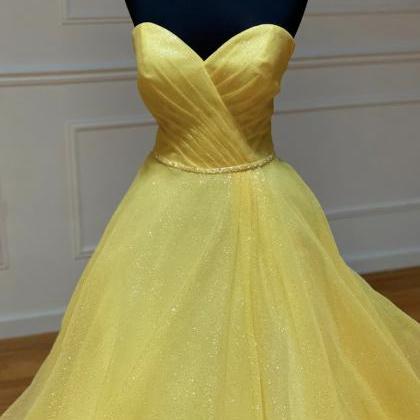 Yellow Tulle Sequins Long Prom Dress Evening Dress