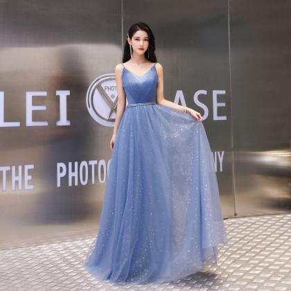 Blue Tulle Long Prom Dress Simple Evening Dress