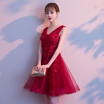 Burgundy Lace Short Prom Dress Homecoming Dress