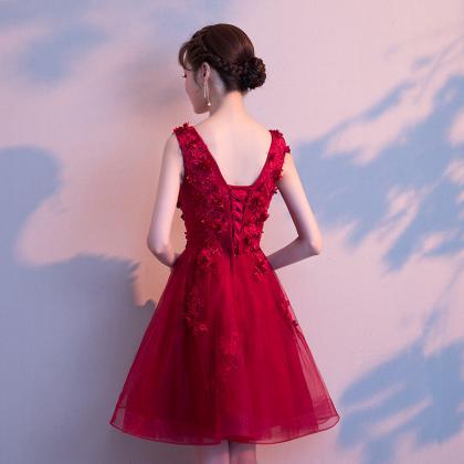 Burgundy Lace Short Prom Dress Homecoming Dress