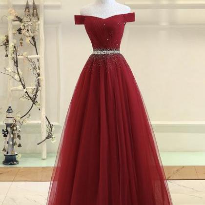 Burgundy Tulle Long Prom Gown Evening Dress