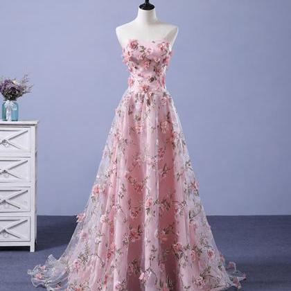Pink Tulle Applique Long Ball Gown Dress
