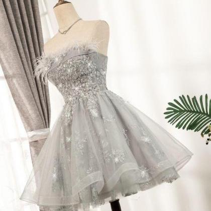 Gray Tulle Sequins Short Prom Dress Homecoming..