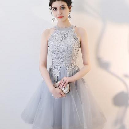 Gray Tulle Lace Short Prom Dress Homecoming Dress
