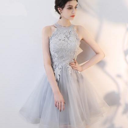 Gray Tulle Lace Short Prom Dress Homecoming Dress