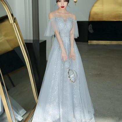 Gray Tulle Long Prom Dress Evening Dress