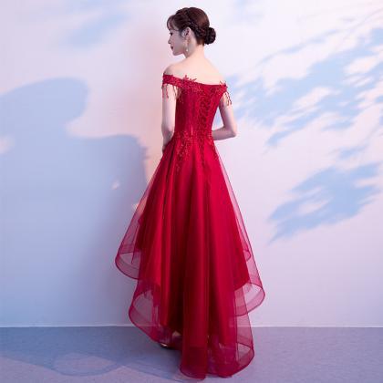 Burgundy High Low Lace Prom Dress Evening Dress
