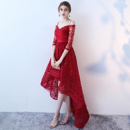 Burgundy Lace High Low Prom Dress Evening Dress