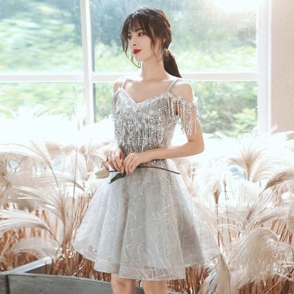 Gray Tulle Sequins Short Prom Dress Homecoming..