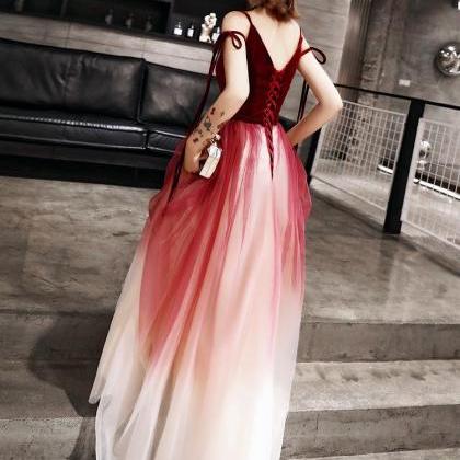 Burgundy Velvet Tulle Long Prom Dress Evening..