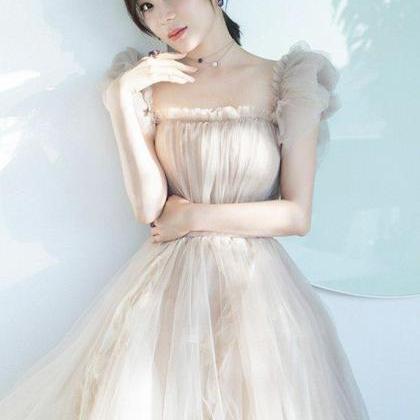 Cute Champagne Tulle Short Prom Dress
