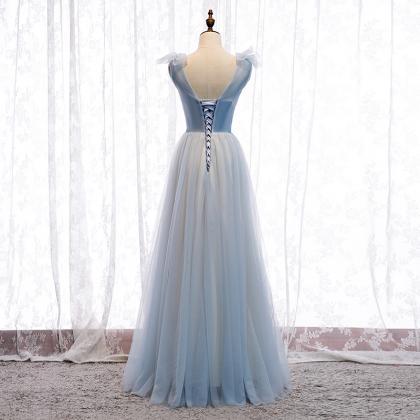 Blue V Neck Tulle Long Ball Gown Dress