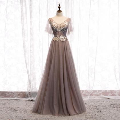 A Line V Neck Lace Long Prom Dress Evening Dress