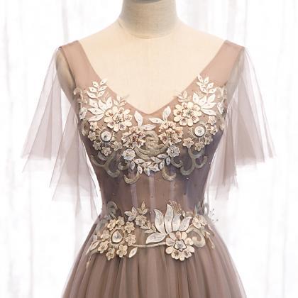 A Line V Neck Lace Long Prom Dress Evening Dress